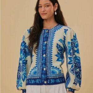 FARM Rio Blue Women's Off-white Flora Tapestry Knit Cardigan